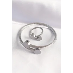 316L Çelik Gümüş Renk Oval Aksesuarlı Burgu Model Bileklik ve Yüzük Kombini