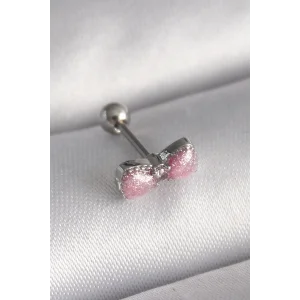 316L Çelik Gümüş Renk Pembe Kurdele Zirkon Taş Detay Tragus Piercing