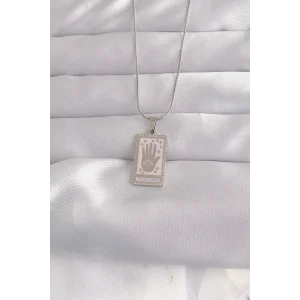 316L Çelik Gümüş Renk Pembe Mineli El Figür Tarot Kolye