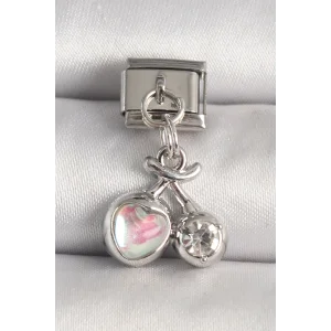 316L Çelik Gümüş Renk Pembe Mineli Kalp Zirkon Taş Detay Nomination Charm
