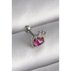 316L Çelik Gümüş Renk Pembe Mineli Kalp Zirkon Taş Detaylı Taç Tragus Piercing