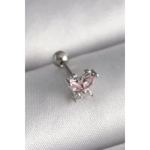 316L Çelik Gümüş Renk Pembe Zirkon Taşlı Kelebek Tragus Piercing
