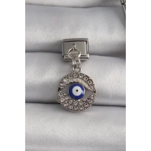 316L Çelik Gümüş Renk Sallantı Zirkon Taşlı Göz Model Nazar Boncuk Detay Nomination Charm