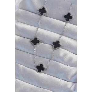 316L Çelik Gümüş Renk Siyah Mineli Yonca Kolye