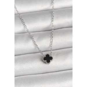 316L Çelik Gümüş Renk Siyah Yonca Model Kadın Kolye