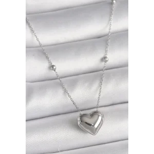 316L Çelik Gümüş Renk Topçuk Detay Zincir Kalp Model Kadın Kolye