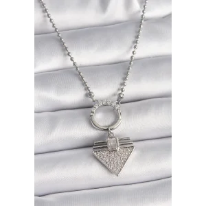 316L Çelik Gümüş Renk Topçuk Zincir Zirkon Taşlı Üçgen Model Kadın Kolye