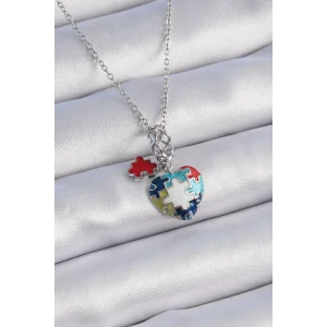 316L Çelik Gümüş Renk Yapboz Motif Kalp Figür Charm Model Kadın Kolye