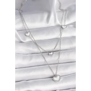 316L Çelik Gümüş Renk Zincir 2Li Zincir Kalp Model Kadın Kolye