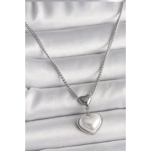 316L Çelik Gümüş Renk Zincir 3D Kalp Model Kadın Kolye