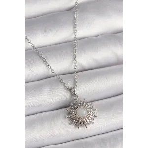 316L Çelik Gümüş Renk Zincir Beyaz Mineli Güneş Model Kadın Kolye