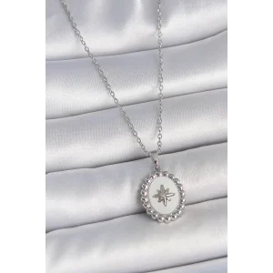 316L Çelik Gümüş Renk Zincir Beyaz Mineli Kutup Yıldız İşlemeli Madalyon Model Kadın Kolye