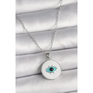 316L Çelik Gümüş Renk Zincir Beyaz Mineli Turkuaz Göz İşleme Model Kadın Kolye