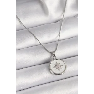 316L Çelik Gümüş Renk Zincir Beyaz Sedefli Zirkon Taşlı Yıldız İşleme Model Kadın Kolye