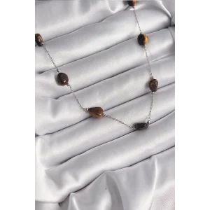 316L Çelik Gümüş Renk Zincir Kahverengi Doğaltaş Model Kadın Kolye