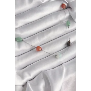 316L Çelik Gümüş Renk Zincir Renkli Doğaltaş Model Kadın Kolye