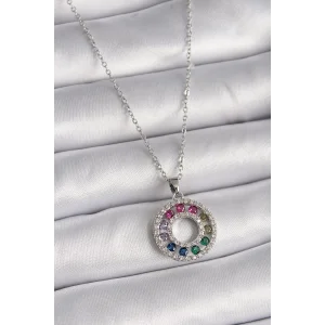 316L Çelik Gümüş Renk Zincir Renkli Zirkon Taşlı Madalyon Model Kadın Kolye
