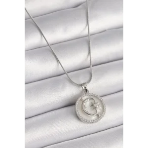 316L Çelik Gümüş Renk Zincir Zirkon Taş Detaylı Beyaz Sedefli Ay Yıldız İşleme Kadın Kolye