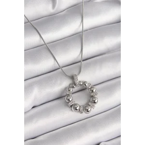 316L Çelik Gümüş Renk Zincir Zirkon Taş Detaylı Bombeli Halka Model Kadın Kolye