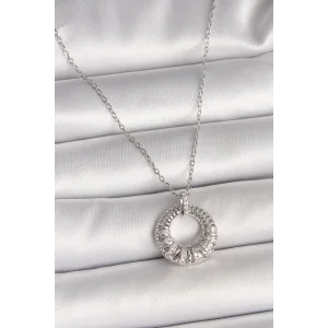 316L Çelik Gümüş Renk Zincir Zirkon Taş İşlemeli Daire Model Kadın Kolye