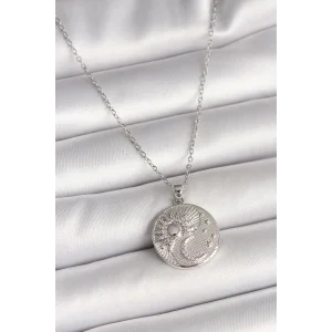 316L Çelik Gümüş Renk Zincir Zirkon Taşlı Ay Güneş İşlemeli Madalyon Model Kadın Kolye