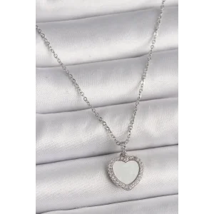 316L Çelik Gümüş Renk Zincir Zirkon Taşlı Beyaz Mineli Kalp Model Kadın Kolye