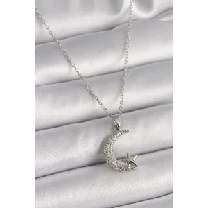 316L Çelik Gümüş Renk Zincir Zirkon Taşlı Hilal Model Yıldız Detay Kadın Kolye