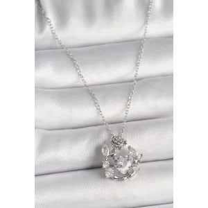 316L Çelik Gümüş Renk Zincir Zirkon Taşlı Kalp Figür Gül Detay Kadın Kolye