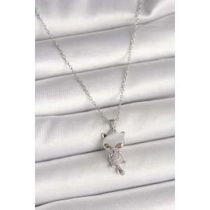 316L Çelik Gümüş Renk Zincir Zirkon Taşlı Kedi Model Kadın Kolye