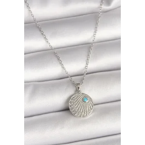 316L Çelik Gümüş Renk Zincir Zirkon Taşlı Mavi Taş Detaylı Madalyon Model Kadın Kolye