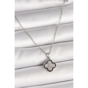 316L Çelik Gümüş Renk Zincir Zirkon Taşlı Yonca Model Kadın Kolye