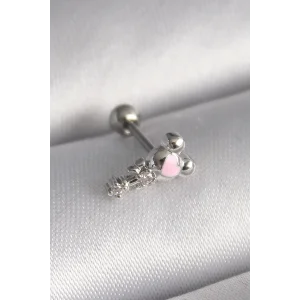316L Çelik Gümüş Renk Zirkon Taş Detay Pembe Kalp İşleme Tragus Piercing