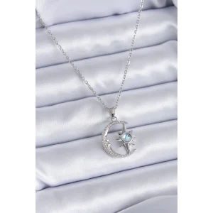 316L Çelik Gümüş Renk Zirkon Taşlı Ay Yıldız Model Kadın Kolye