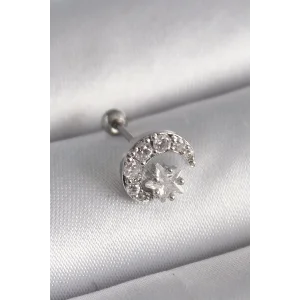 316L Çelik Gümüş Renk Zirkon Taşlı Ay Yıldız Tragus Piercing