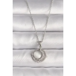 316L Çelik Gümüş Renk Zirkon Taşlı Beyaz Sedefli Hilal Model Kadın Kolye