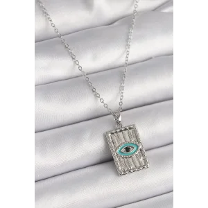 316L Çelik Gümüş Renk Zirkon Taşlı Göz İşleme Detaylı Plaka Model Kadın Kolye