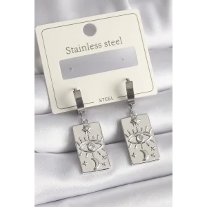 316L Çelik Gümüş Renk Zirkon Taşlı Göz İşleme Detaylı Plaka Model Kadın Küpe