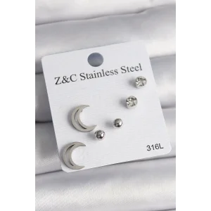 316L Çelik Gümüş Renk Zirkon Taşlı Hilal Model Kadın Küpe Seti