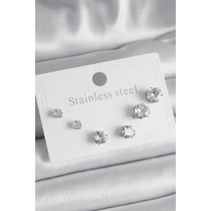 316L Çelik Gümüş Renk Zirkon Taşlı Kalp Model Kadın Küpe Seti