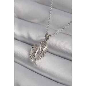 316L Çelik Gümüş Renk Zirkon Taşlı Kanat Model Kadın Kolye