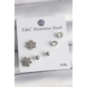 316L Çelik Gümüş Renk Zirkon Taşlı Kar Tanesi Model Kadın Küpe Seti