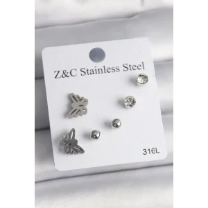 316L Çelik Gümüş Renk Zirkon Taşlı Kelebek Model Kadın Küpe Seti