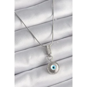 316L Çelik Gümüş Renk Zirkon Taşlı Nazar Boncuk Model Kadın Kolye