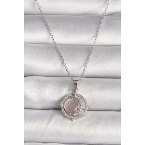 316L Çelik Gümüş Renk Zirkon Taşlı Pembe Sedefli Hilal Model Kadın Kolye