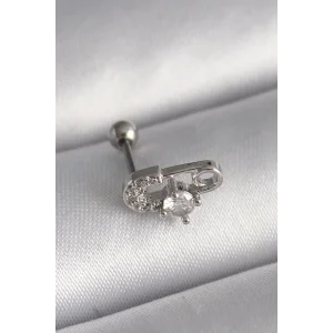316L Çelik Gümüş Renk Zirkon Taşlı Toplu İğne Tragus Piercing