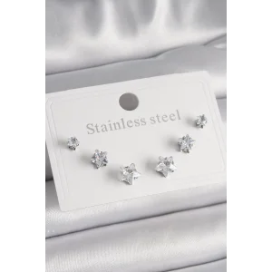 316L Çelik Gümüş Renk Zirkon Taşlı Yıldız Model Kadın Küpe Seti