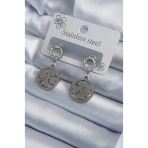 316L Çelik Gümüş Renk Zirkon Taşlı Yonca Model İşleme Detay Kadın Küpe