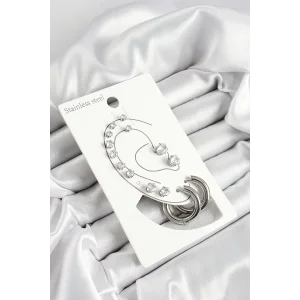 316L Çelik Halka Figürlü Ve Zirkon Taşlı Gümüş Renk 7li Çift Kadın Küpe Set