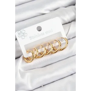 316L Çelik Halka Model Gold Renk 3lü Set Kadın Küpe