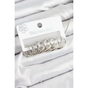 316L Çelik Halka Model Gümüş Renk 3lü Set Kadın Küpe